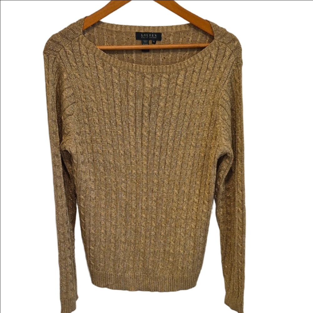 Lauren Ralph Lauren Gold Metallic Ribbed Silk Blend Crew Neck Sweater - Picture 1 of 7